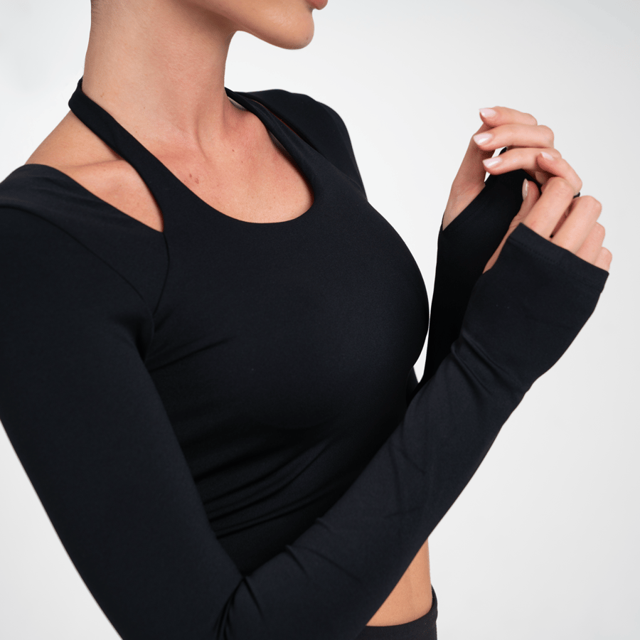 Halter Neck Long Sleeve Top - Black