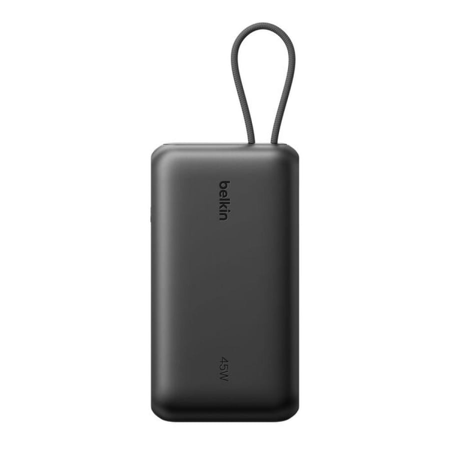بيلكن بطارية متنقلة بسعة 20,000 مللي أمبير وقدرة 45 واط، مع كابل USB-C مدمج وشاشة عرض – أسود