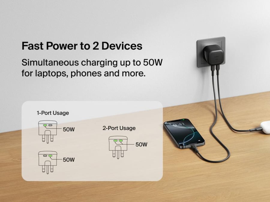 بيلكن شاحن جداري تقنية GaN ومنفذين USB-C بقوة 50 واط – اسود