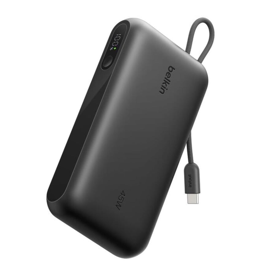 بيلكن بطارية متنقلة بسعة 20,000 مللي أمبير وقدرة 45 واط، مع كابل USB-C مدمج وشاشة عرض – أسود