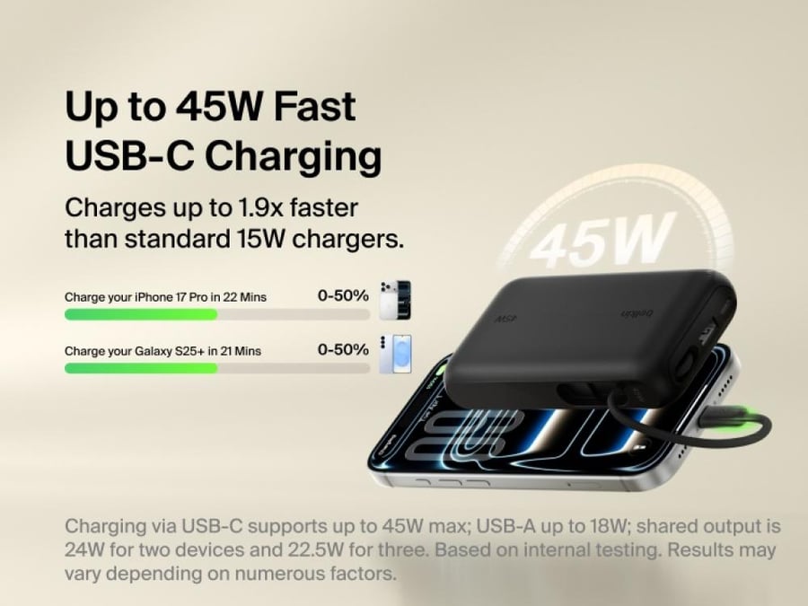 بيلكن بطارية متنقلة بسعة 10,000 مللي أمبير وقدرة 45 واط، مع كابل USB-C مدمج وشاشة عرض – أسود