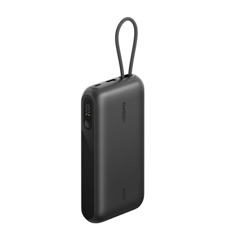 بيلكن بطارية متنقلة بسعة 20,000 مللي أمبير وقدرة 45 واط، مع كابل USB-C مدمج وشاشة عرض – أسود