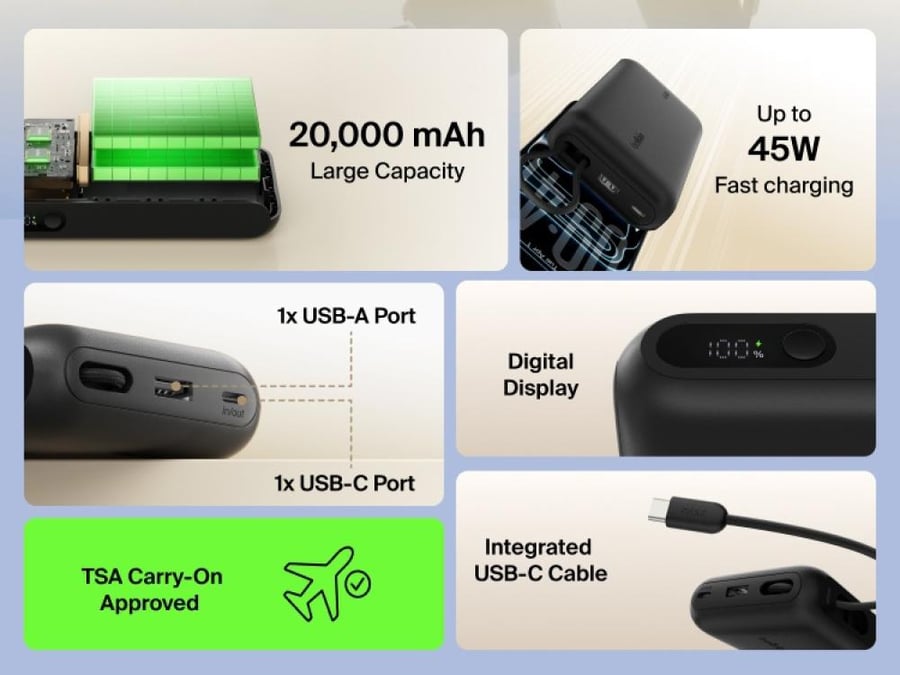 بيلكن بطارية متنقلة بسعة 20,000 مللي أمبير وقدرة 45 واط، مع كابل USB-C مدمج وشاشة عرض – أسود