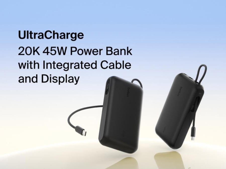 بيلكن بطارية متنقلة بسعة 20,000 مللي أمبير وقدرة 45 واط، مع كابل USB-C مدمج وشاشة عرض – أسود