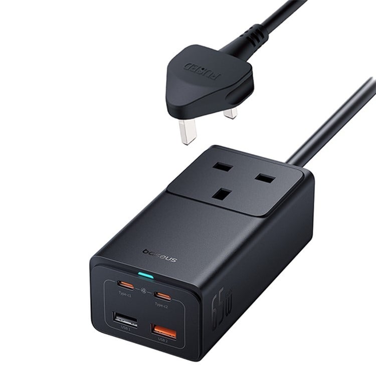 بيسوس منصة شحن بقدرة 65 واط بمفذين USB ومنفذين تايب سي ومقبس فيش اسود
