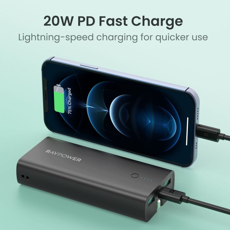 Raf Power battery 10000 thousand with wall charger integrated two USB ports and Type-C port with PD 20W technology
