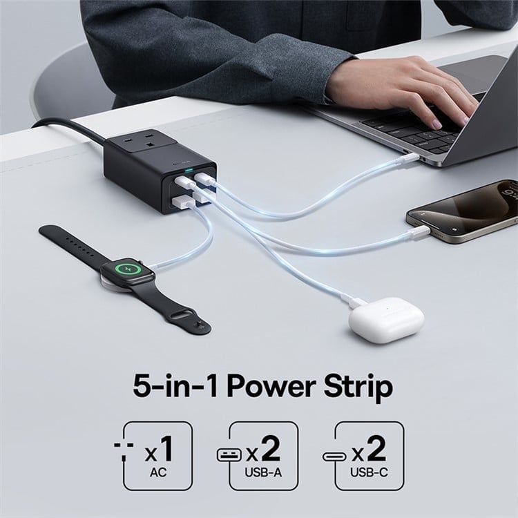 بيسوس منصة شحن بقدرة 65 واط بمفذين USB ومنفذين تايب سي ومقبس فيش اسود