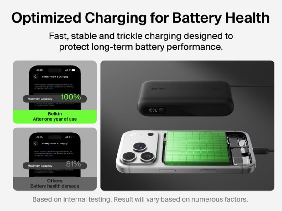 بيلكن بطارية متنقلة بسعة 20,000 مللي أمبير وقدرة 45 واط، مع كابل USB-C مدمج وشاشة عرض – أسود