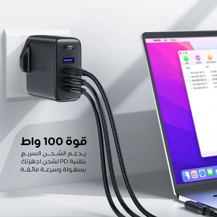 شاحن جداري AceFast A4 بقوة 100 واط 3 منافذ تايب سي ومنفذ يو اس بي - اسود