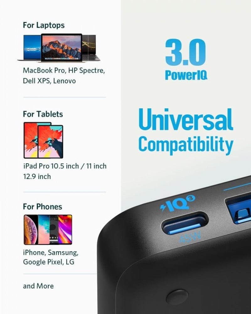 انكر منصة شحن بقوة 65W مع منفذ PD و 3 منافذ USB قماش - اسود