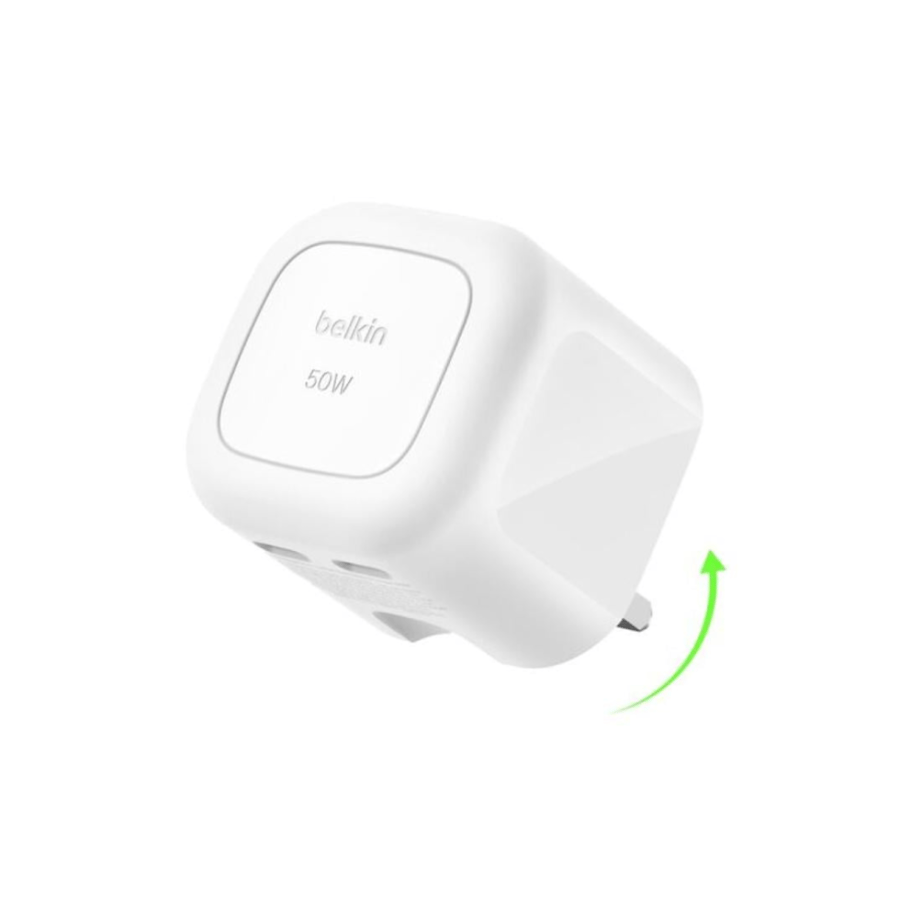بيلكن شاحن جداري تقنية GaN ومنفذين USB-C بقوة 50 واط – ابيض