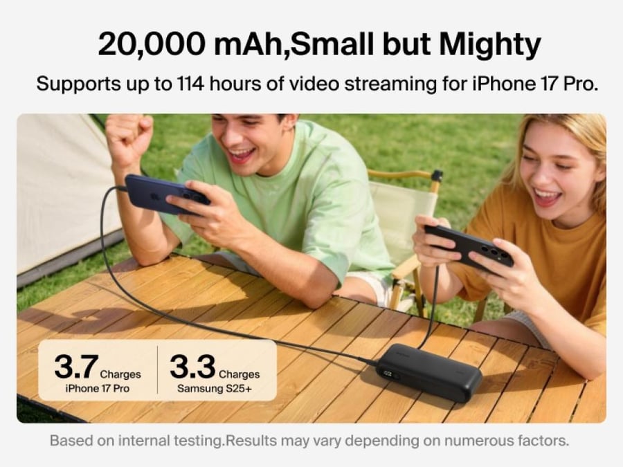 بيلكن بطارية متنقلة بسعة 20,000 مللي أمبير وقدرة 45 واط، مع كابل USB-C مدمج وشاشة عرض – أسود