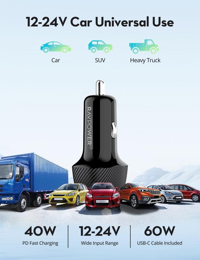 RAVPower Fast Car Charger 40W with USB-C Cable Black