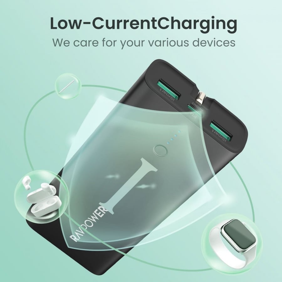 Raf Power battery 10000 thousand with wall charger integrated two USB ports and Type-C port with PD 20W technology