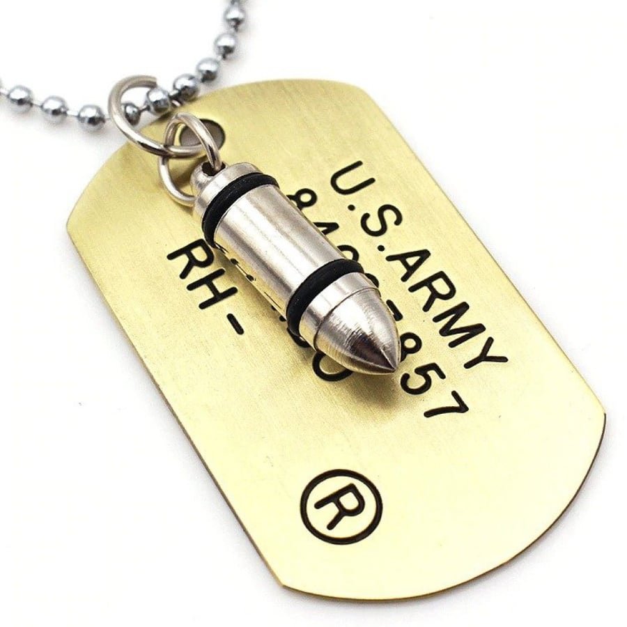 Men's bullet chain - bullet with an identification metal piece for the soldier, gold color