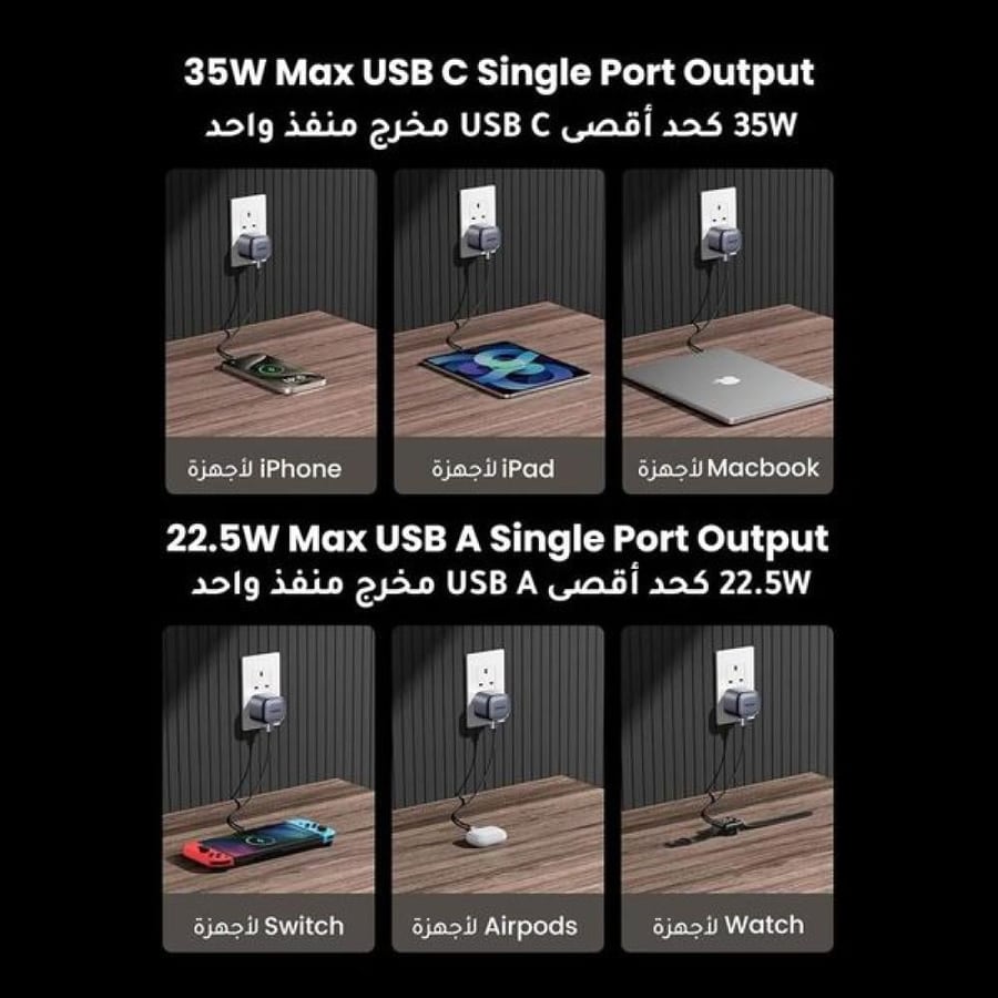 شاحن جداري يوجرين نيكسود GaN بمنفذ USB-C ومنفذ USB بقوة 35 واط
