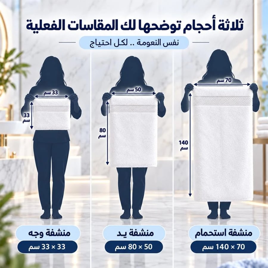بكج مناشف قطنية فاخرة 6 قطع أبيض للوجه واليد والاستحمام