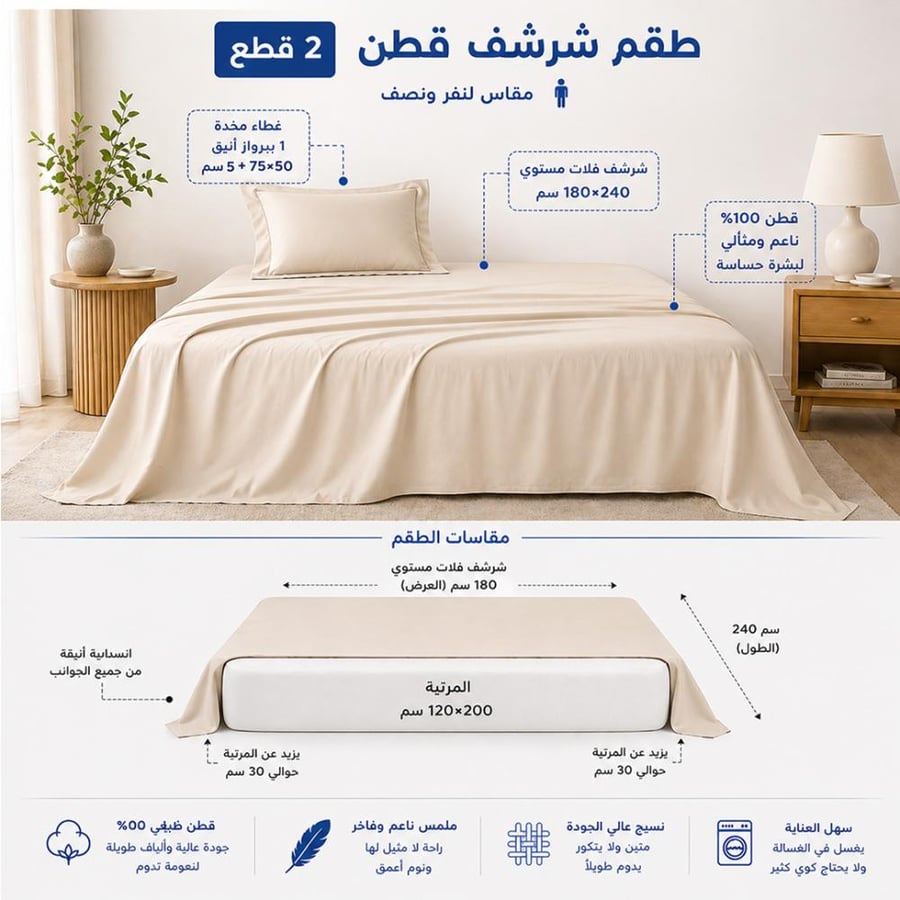 مواصفات طقم الشرشف القطني الفلات وقطعه