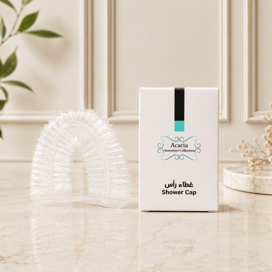 علبة غطاء رأس للاستحمام فندقي على رخام الحمام