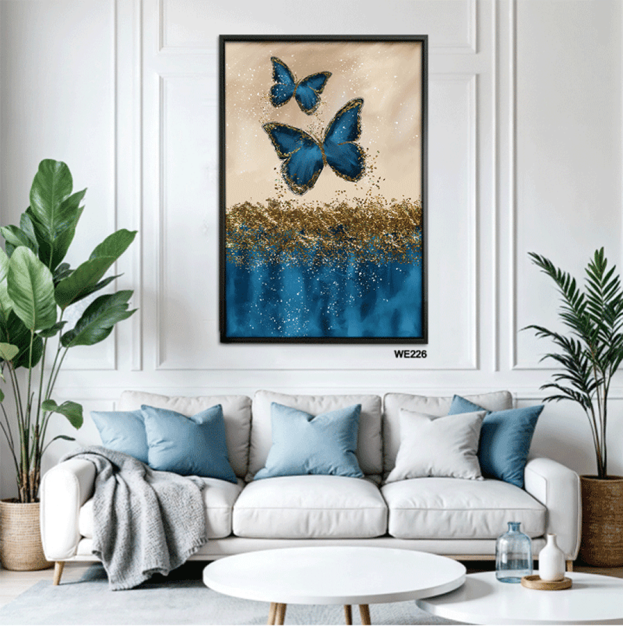 Modern abstract wall art - golden flight (blue and navy butterflies) large wall art store | masterpiece of art