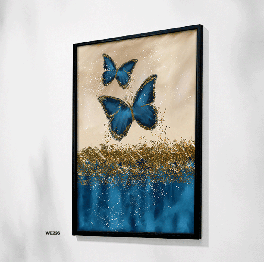 Modern abstract wall art - golden flight (blue and navy butterflies) large wall art store | masterpiece of art