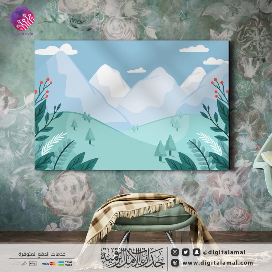 لوحة جدارية مميزة لمجموعة من الجبال المغطاة بالثلوج في فصل الشتاء
