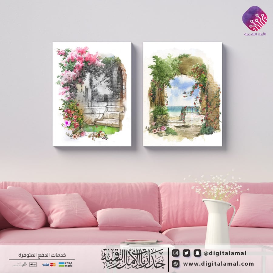 لوحات جدارية متعددة لبوابات حجرية مع أزهار و ورود