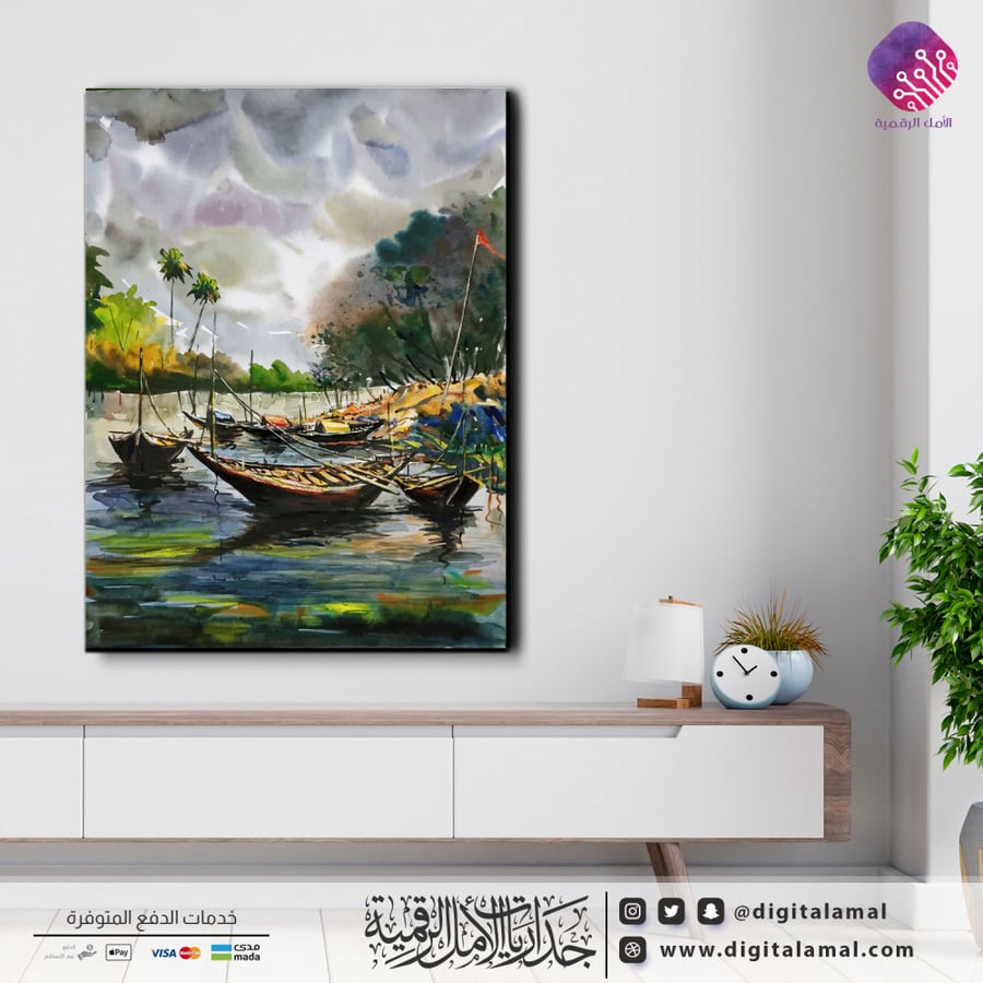 لوحة جدارية مميزة لإحدى البحيرات التي تحوي قوارب