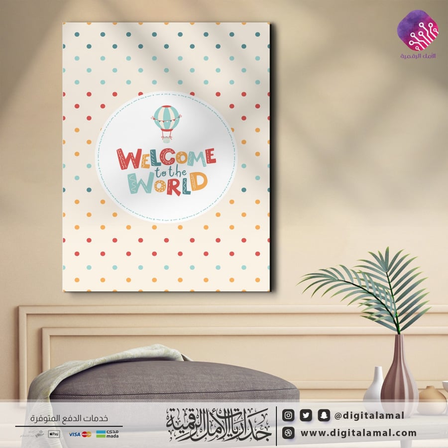 لوحة جدارية لعبارة (welcome to the world)