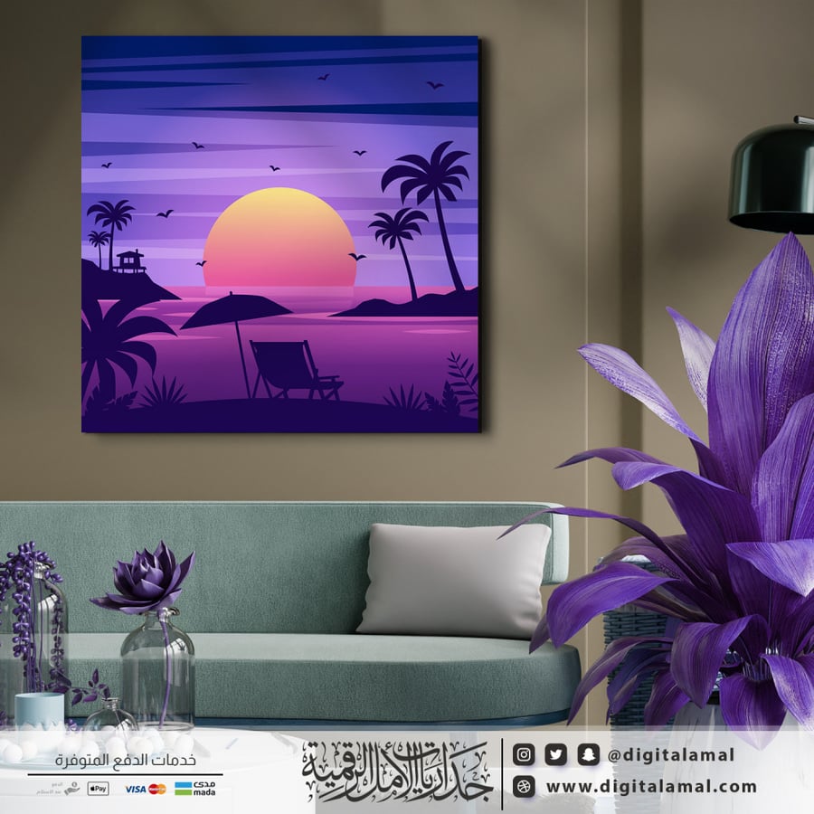 لوحة جدارية مميزة لغروب الشمس على الشاطئ