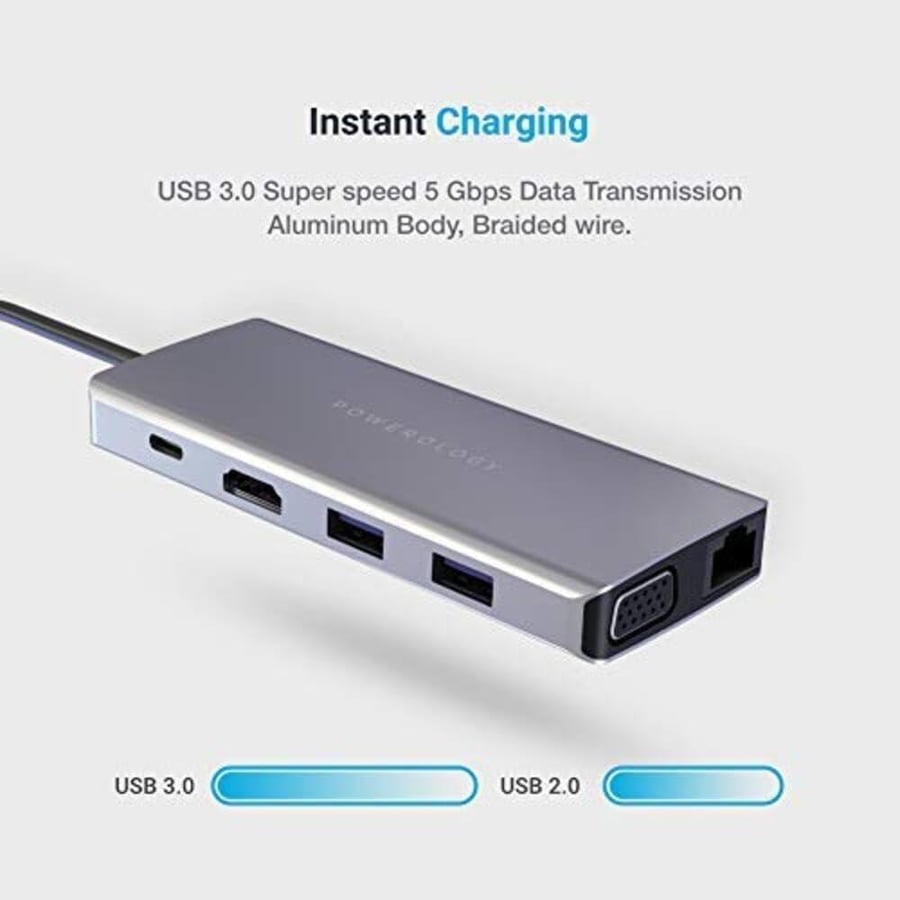 موزع USB-C (P11CHBGY) مع إيثرنت، HDMI، VGA، محول من POWEROLOGY