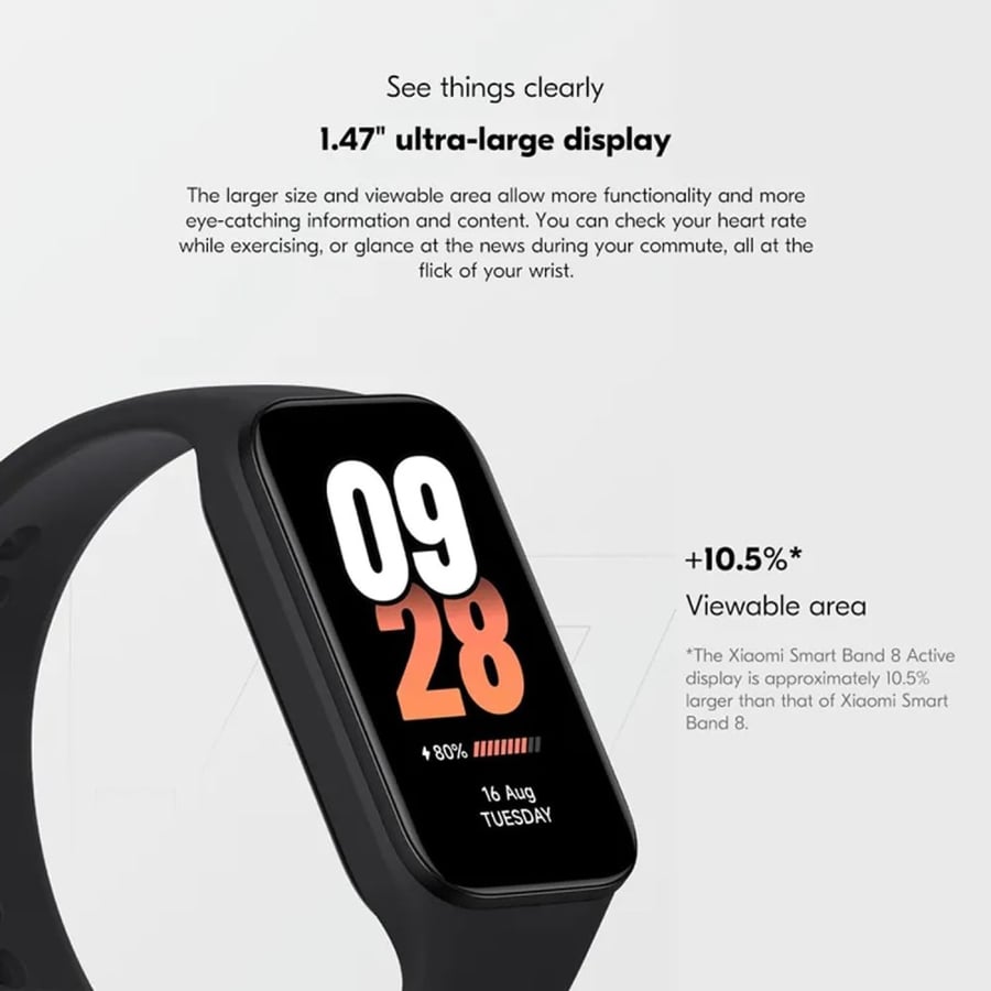 ساعة سمارت Band 8 Active لتتبع اللياقة البدنية مع شاشة LCD مقاس 1.47 بوصة من شاومي، بطارية تدوم 14 يوم، قياس نسبة الأكسجين في الدم ومعدل النبضات ومراقبة النوم والتوتر من شركة Xiaomi