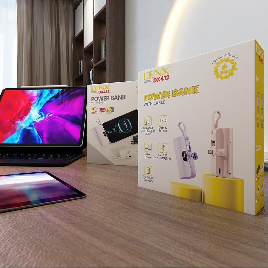 شاحن متنقل محمول 5000mAh مع مدخل لايتنينق للايفون  و مدخل تايب سي من شركة DenX