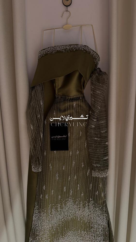 فستان سهره مزين باللون الزيتي