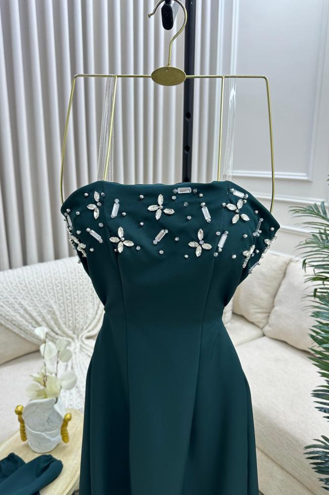 فستان توب للسهرة أنيق وجذاب بأكمام منفصلة لون أخضر داكن