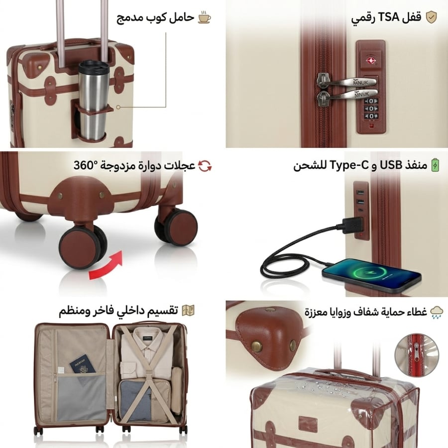 طقم حقائب سفر بتصميم كلاسيكي فاخر مغطى بالجلد – قطعتان (28 و24 إنش) – مع غطائي حماية شفافين