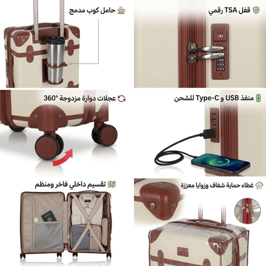 طقم حقائب سفر AVIATOR بتصميم كلاسيكي فاخر مغطى بالجلد – حقيبة كابينة 20 إنش مع حقيبة مكياج 14 إنش – مزود بمنفذ USB وType-C وحامل أكواب
