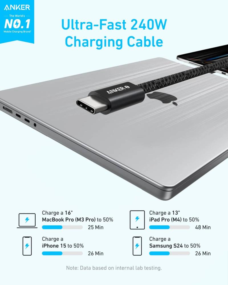 كابل أنكر زولو USB-C إلى USB-C، كابل شحن كامل السرعة بقدرة 240 واط، هيكل مقاوم للأوساخ، سمك 5.8 مم، نقل بيانات بسرعة 480 ميجابت في الثانية، غلاف خارجي مضفر متين   1M