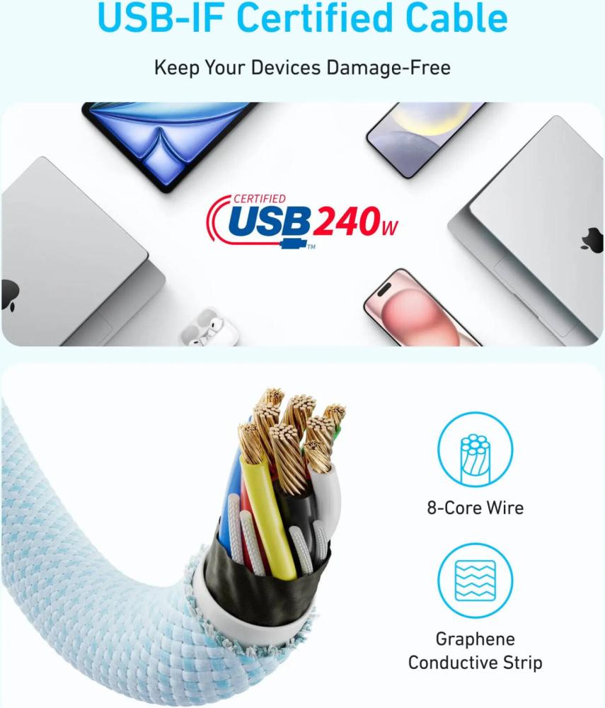 كابل أنكر زولو USB-C إلى USB-C، كابل شحن كامل السرعة بقدرة 240 واط، هيكل مقاوم للأوساخ، سمك 5.8 مم، نقل بيانات بسرعة 480 ميجابت في الثانية، غلاف خارجي مضفر متين   1M