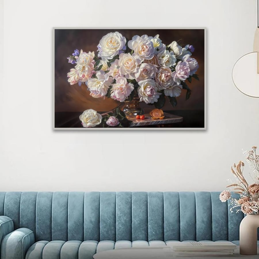 لوحة قماشية مطبوعة - برسمة ورود مع برواز مجوف - 120×80 سم