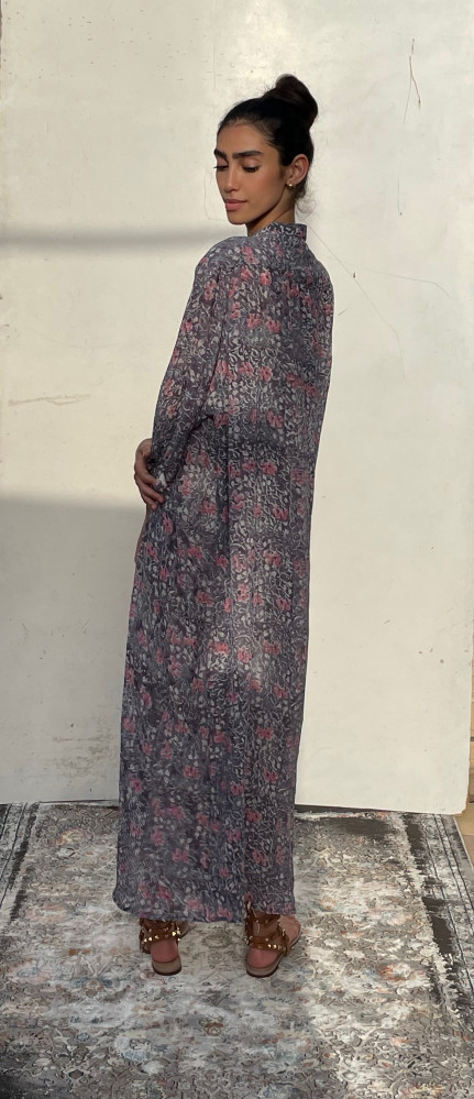 V125 ثوب مورد زهري و رمادي جورجيان floral pink and grey dress in viscose georget fabric