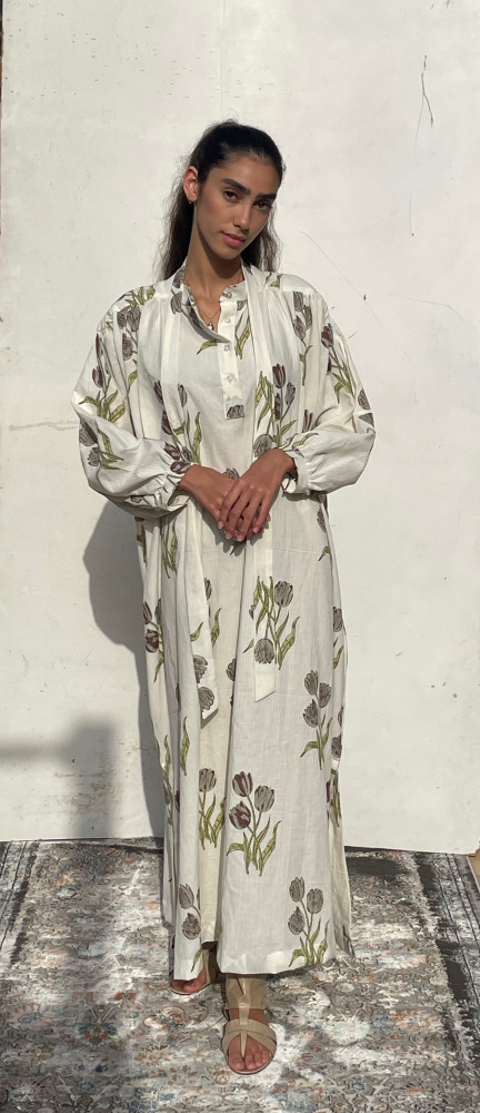 V120 ثوب ابيض مورد قطن مقاس واحد floral cotton dress one size one size