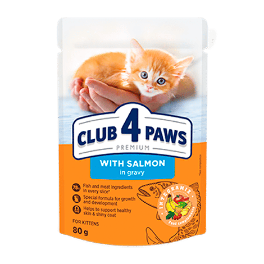 كلوب فور باوز بريميوم – طعام رطب للقطط الصغيرة بالسلمون في المرق | 80 جرام Club 4 Paws Premium Kitten – Salmon in Gravy