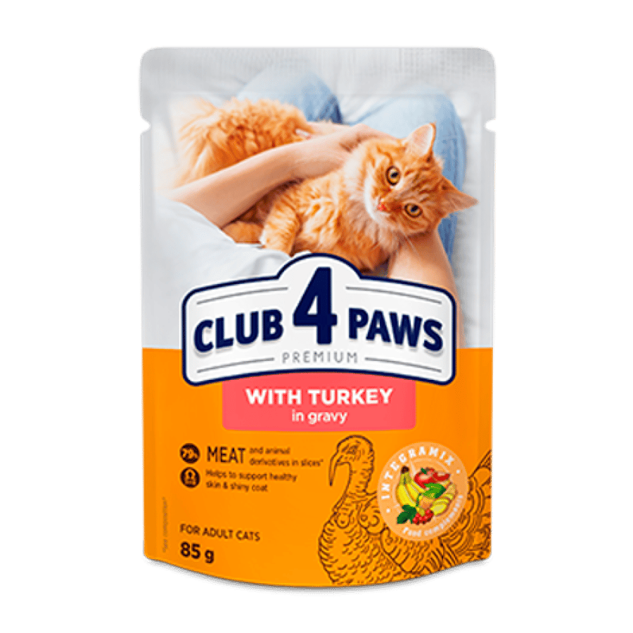 اظرف طعام رطب للقطط البالغة بالديك الرومي في المرق 85 جرام CLUB 4 PAWS PREMIUM for Adult Cats With Turkey in Gravy