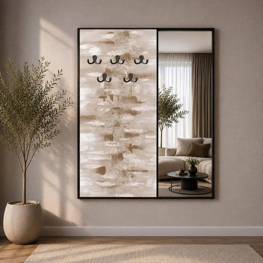 لوحة قماشية بتصميم مودرن لتعليق الملابس مع مرآة