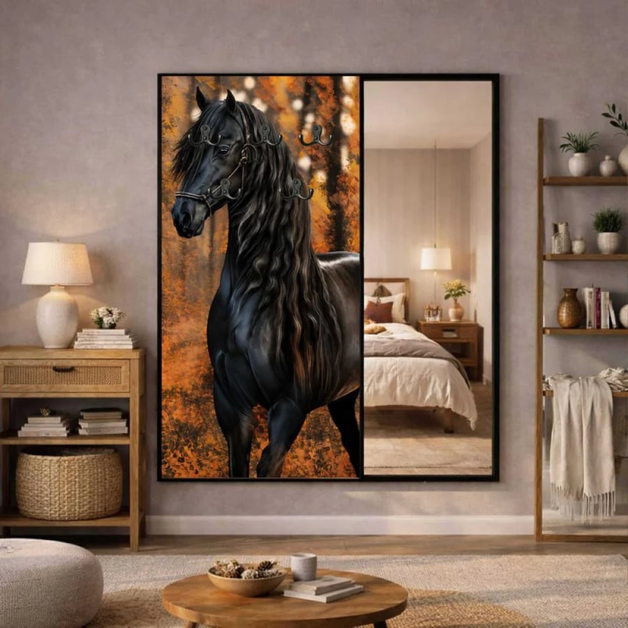 لوحة قماشية بتصميم الفن خيل لتعليق الملابس مرآة
