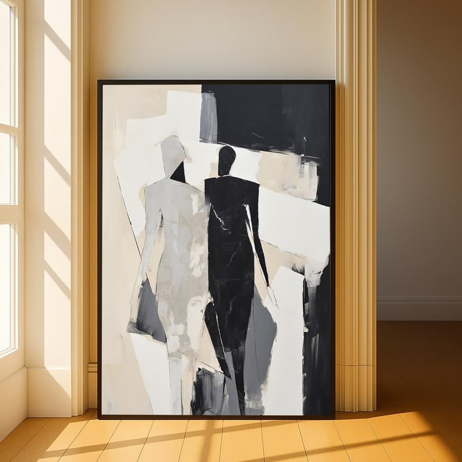 A fabric painting with abstract art design and a hollow frame