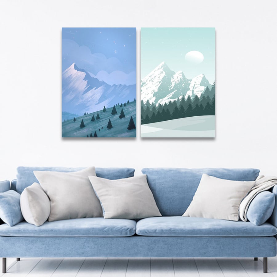 Double canvas painting with mountain design