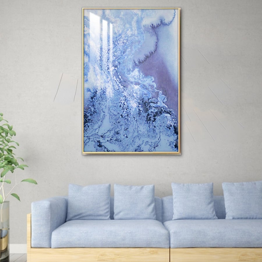 Wall art with abstract art design, frame, and acrylic layer