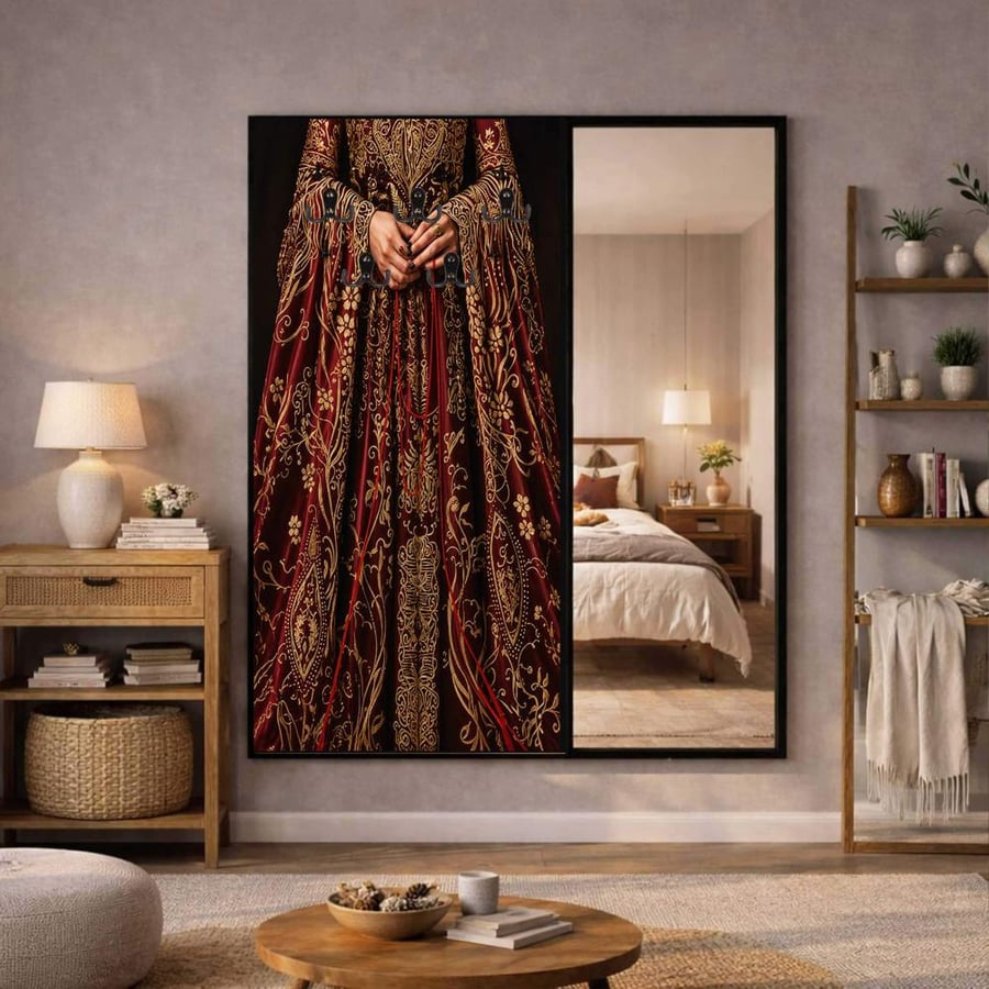 لوحة قماشية بتصميم مودرن لتعليق الملابس مع مرآة